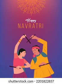 Happy Navratri Text with vector illustration of woman and Man playing Dandiya dance, Garba night poster for Navratri Dussehra festival of India. 