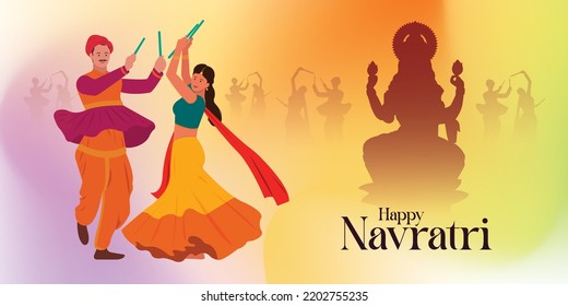 Happy Navratri Text with vector illustration of Woman and Man playing Dandiya dance, Garba night poster for Navratri Dussehra festival of India.