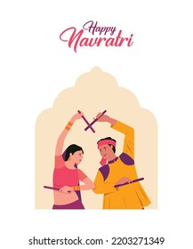 Happy Navratri Text with vector illustration of Woman and Man playing Dandiya dance, Garba night poster for Navratri Dussehra festival of India.

 svg