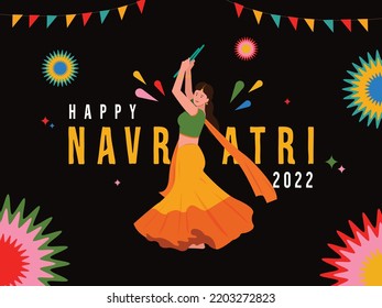 Happy Navratri Text with vector illustration of Woman playing Dandiya dance, Garba night poster for Navratri Dussehra festival of India.