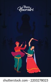 Happy Navratri Text with vector illustration of Woman and Man playing Dandiya dance, Garba night poster for Navratri Dussehra festival of India.
