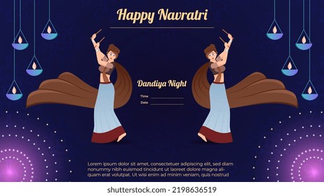 Happy Navratri, Traditionally dressed women character on dandiya night banner vector.