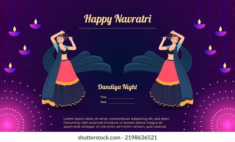 Happy Navratri, Traditionally dressed women character on dandiya night banner vector.