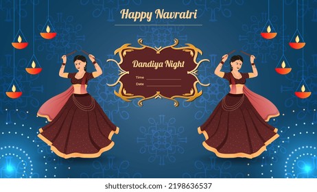 Happy Navratri, Traditionally dressed women character on dandiya night banner vector.