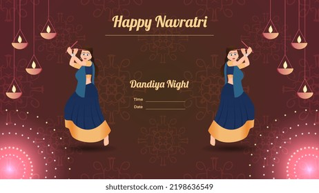 Happy Navratri, Traditionally dressed women character on dandiya night banner vector.
