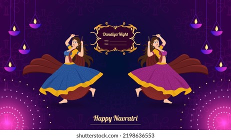 Happy Navratri, Traditionally dressed women character on dandiya night banner vector.