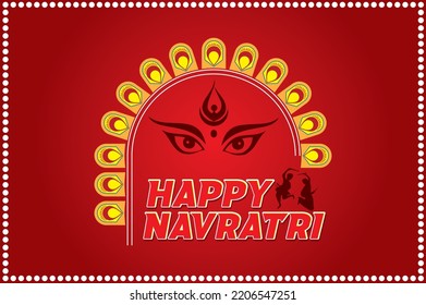 Happy Navratri typography on the red background vector illustration with durga maa face and dancing people.