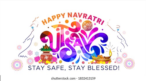 Happy Navratri Utsav, festival of India background, goddess Durga Puja Decoration and Couple playing Dandiya dance with safety mask svg