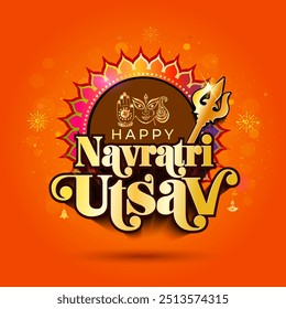 Feliz logotipo Navratri Utsav. Festival Navratri, fundo festivo, Puja Devi Durga, modelo de ornamento vintage dourado tradicional quadro brilho e lanternas ilustração vetor.