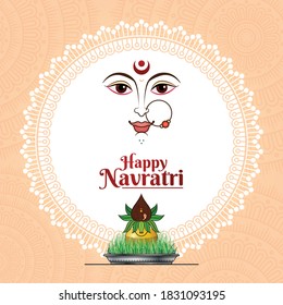 Happy Navratri Vector Graphics suitable for Social Media post with Goddess Durga Face, Gold Kalash, newly grown sprout grain seeds, mango leaves with festival wishes.