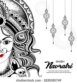 Happy Navratri, Vector Illustration based on Beautiful line art Maa Durga face background.