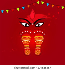Happy Navratri, Vector Illustration based on Maa Durga eyes and Charan on decorative background.