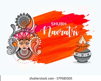 Happy Navratri, Vector Illustration based on Beautiful grungy background with Maa Durga face and Kalash.