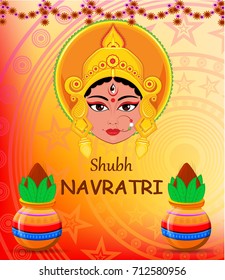 Happy Navratri vector illustration. Maa Durga Face and pots with coconut on abstract background for Hindu Festival.