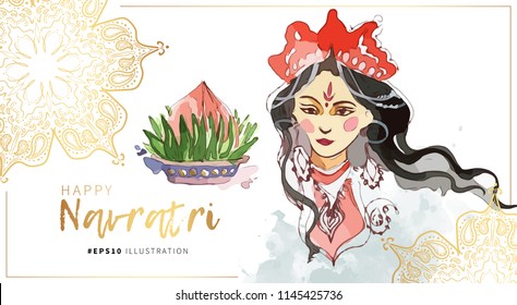Happy Navratri vector watercolor illustration. Maa Durga banner template for greeting card background design.