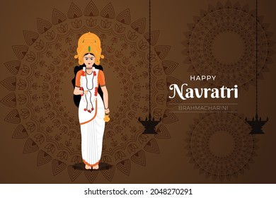  Happy Navratri wishes, concept art of Navratri, Happy Durga Puja, illustration of 9 avatars of goddess Durga,  Brahmcharini vector