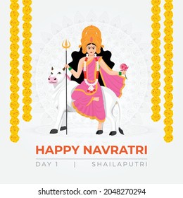 Happy Navratri wishes, concept art of Navratri, illustration of 9 avatars of goddess Durga, Shailputri Devi