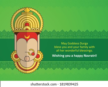 Happy Navratri wishes poster designed with Minimalist Style Goddess Durga Face along with traditional Indian Design border background.