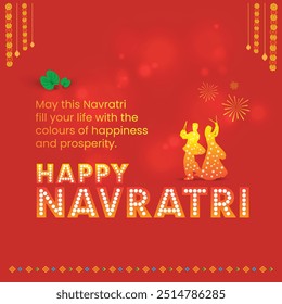 Feliz desejo de Navratri. Brilhante, Celebrações, Luzes Tipografia Criativa. Dandiya Night Dance Template vetor