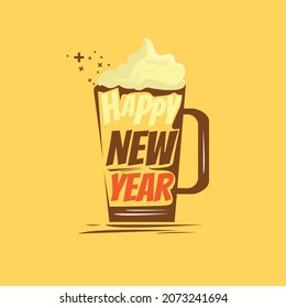 Happy ne year beer . glass of beer with letter on yellow background. 