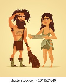 Happy neanderthals man and woman couple. Vector flat cartoon illustration