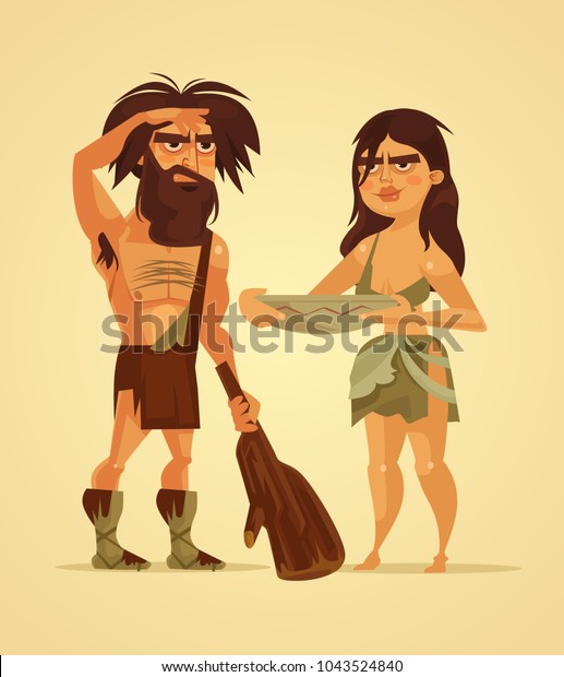 Счастливые неандертальцы мужчина и женщина пара. Векторный плоский мультфильм иллюстрация