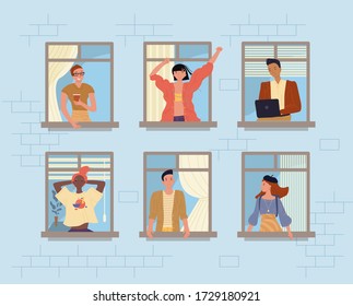 Happy neighbors and neighborhood. People in window. Diverse multiethnic man woman drinking coffee, talking, working online, enjoy city view. Building exterior. Stay home. Self isolation, coronavirus