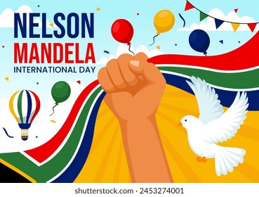 Feliz Ilustración vectorial del Día Internacional de Nelson Mandela el 18 de julio con la bandera de Sudáfrica y la cinta en diseño plano de fondo de dibujos animados