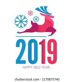 Happy Ner 2019 Year! Christmas Design Template with Deer. Paper Art. Vector illustration