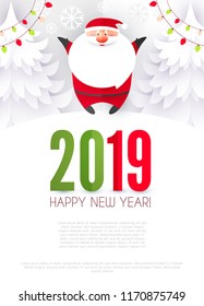 Happy Ner 2019 Year! Christmas Design Template with Santa Claus. Paper Art. Vector illustration