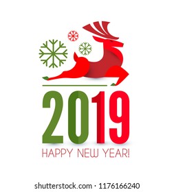 Happy Ner 2019 Year! Christmas Design Template with Deer. Paper Art. Vector illustration