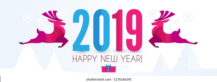 Happy Ner 2019 Year Christmas Design Template with Deer. Paper Art. Vector illustration