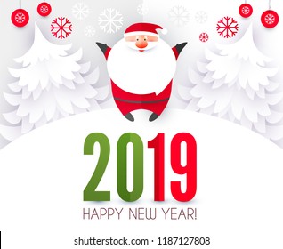 Happy Ner 2019 Year! Christmas Design Template with Santa Claus. Paper Art. Vector illustration