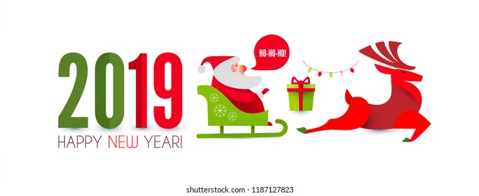 Happy Ner 2019 Year! Christmas Design Template with Santa Claus. Sleigh and Deer. Vector illustration