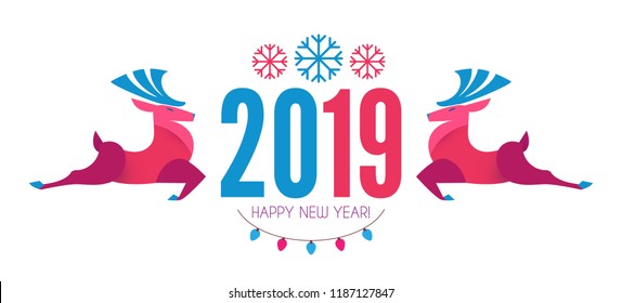 Happy Ner 2019 Year! Christmas Design Template with Deer. Paper Art. Vector illustration