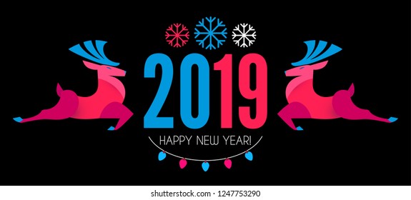 Happy Ner 2019 Year! Christmas Design Template with Deer. Paper Art. Vector illustration