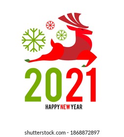 Happy Ner 2021 Year! Christmas Design Template with Deer. Paper Art.