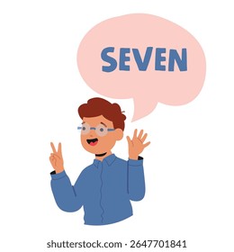 Personagem de desenho animado nerd menino feliz contando sete retrato redondo com texto de impressão educacional para a escola ou jardim de infância. Aluno desfrutando de estudar atividade com emoções positivas ilustração vetorial