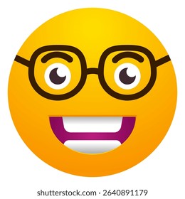 Happy nerd emoji face with glasses and big smile. Great for social media, chat applications, and web design