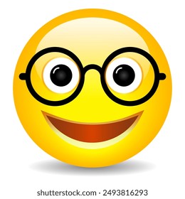 Happy nerd emoji with glasses isolated on white background, funny flat illustration.