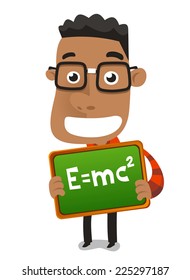 Happy nerd geek child boy holding proudly maths formula vector illustration.