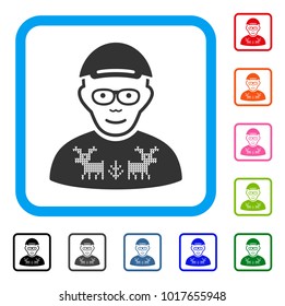 Happy Nerd Guy vector pictograph. Person face has gladness feeling. Black, gray, green, blue, red, orange color additional versions of nerd guy symbol in a rounded rectangular frame. A guy with a cap.