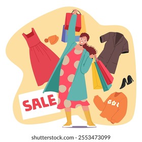 Happy nerd woman shopaholic cartoon character crazy smiling pulling heavy shopping bags with purchases rejoicing sales and discount special offer at fashion boutique clothing store vector illustration