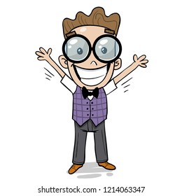 Happy nerdy kid with glasses saying hello
