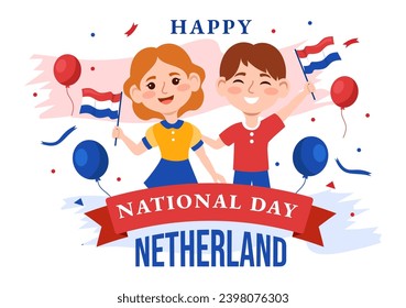 Happy Netherland National Day Vector Illustration with Kids, Netherlands Flag and Sky Blue Background in Flat Cartoon Design
