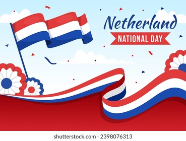 Happy Netherland National Day Vector Illustración con bandera holandesa y fondo azul cielo en diseño de caricatura plana