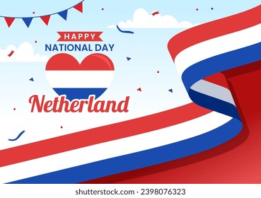 Happy Netherland National Day Vector Illustration with Netherlands Flag and Sky Blue Background in Flat Cartoon Design