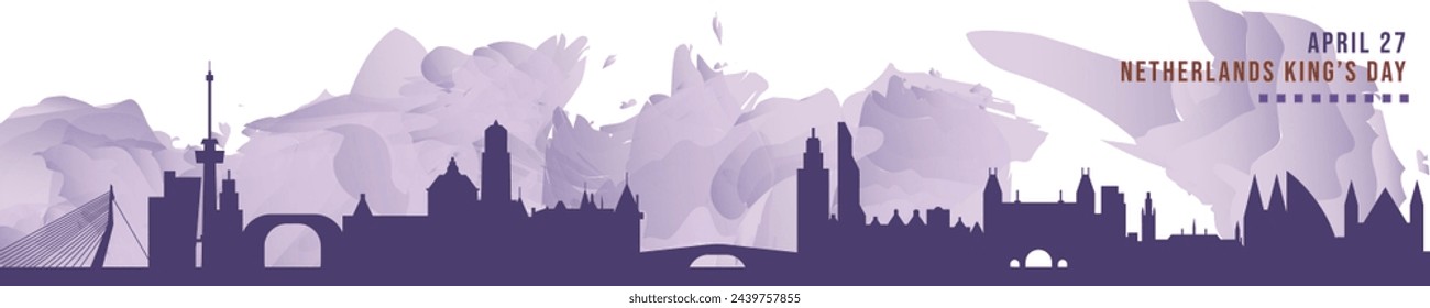 Happy Netherlands King Day in April banner with cities skyline, panorama. Flat vector celebration graphic, layout for footer, steamer, header