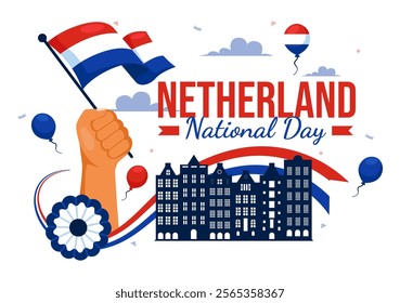 Happy Netherlands National Day Vector Illustration featuring the Netherlands Flag and a Sky Blue Background in a Flat Cartoon Style Design