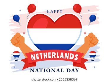 Happy Netherlands National Day Vector Illustration featuring the Netherlands Flag and a Sky Blue Background in a Flat Cartoon Style Design